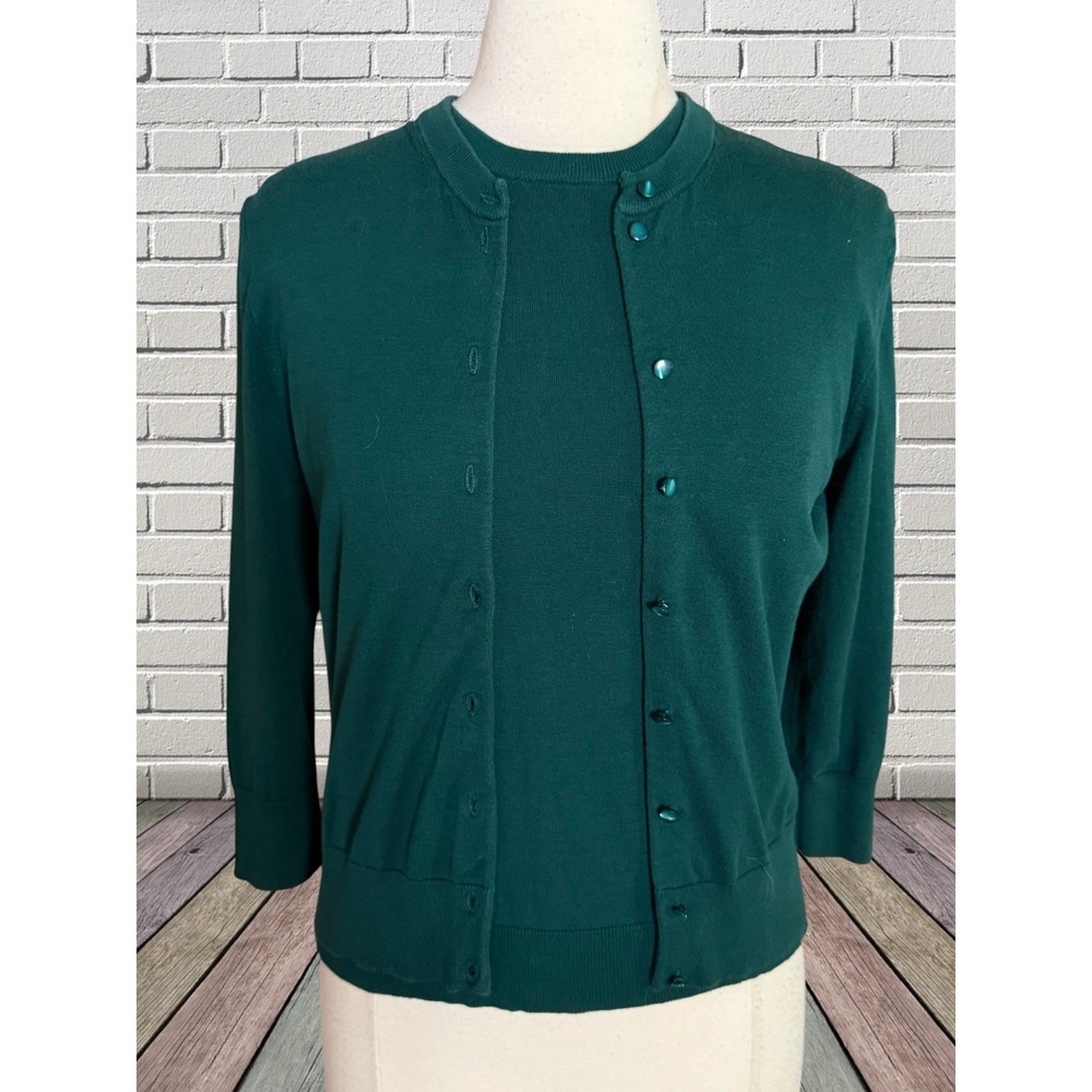J Crew Y2k Forest Green Sweater Set Cardigan and Tank Sz M 3/4 Sleeves Old Money
